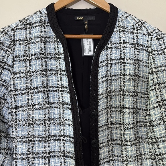 New Maje Tweed Effect Dress Blue Black Plaid Button Front Mini Size 40/L - Picture 8 of 16